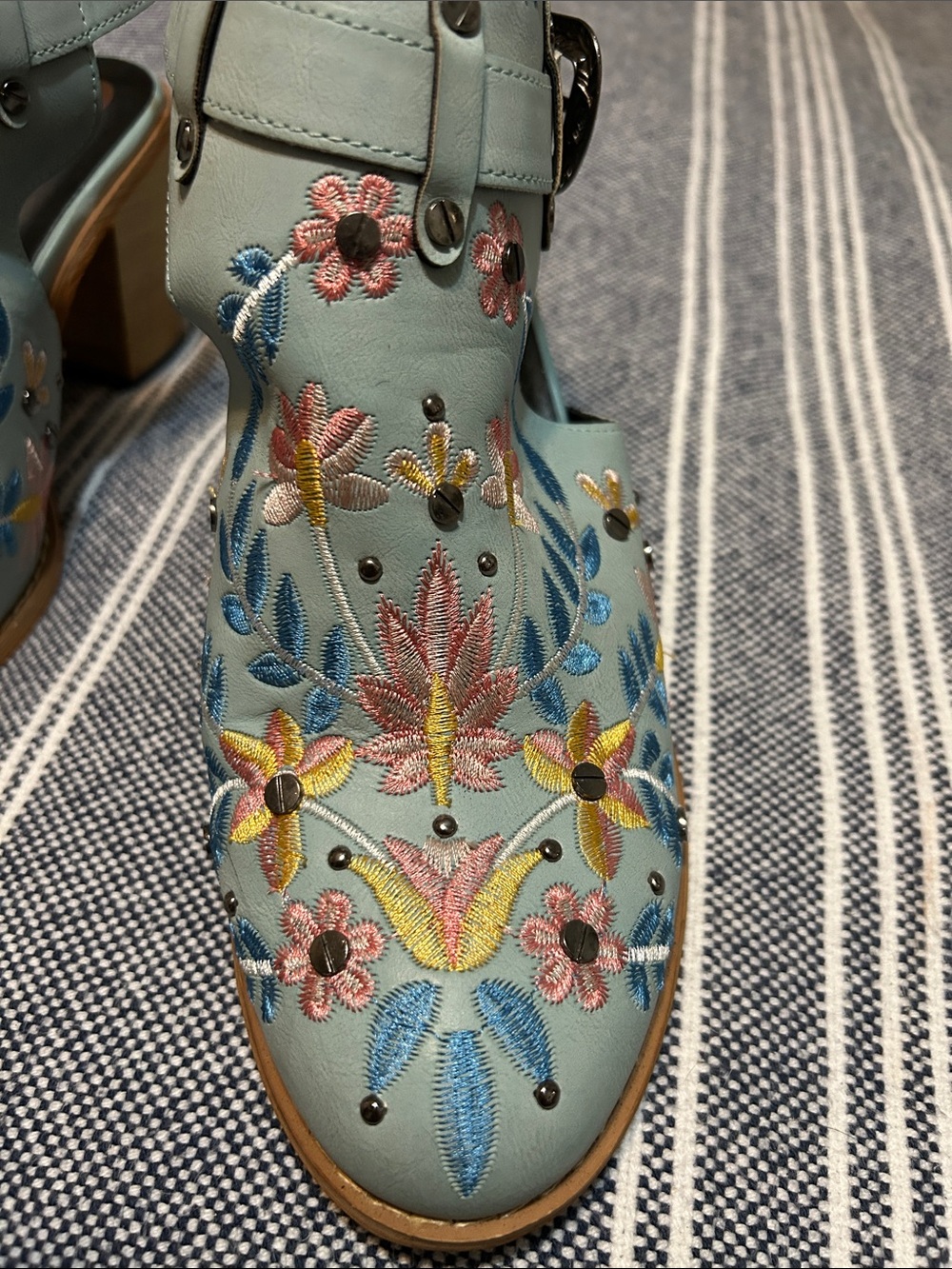 Women Chunky Heel Embroidery Buckle Boots Blue w/Flower Size 10 - Picture 7 of 7